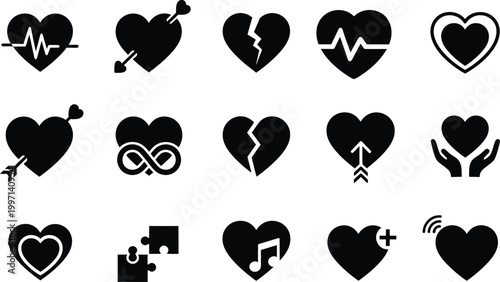 heart icons. stylized broken heart icon, medical heartbeat icon, and heart with arrow