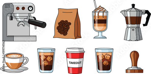 Espresso and Coffee Drink Vector Set Featuring Coffee Machines, Iced Coffee, Espresso Cups, and Coffee Beans for Barista and Coffee Lover Illustrations