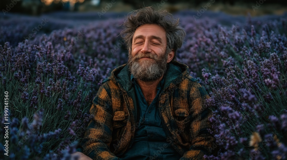 Obraz premium Embracing tranquility while surrounded by vibrant lavender fields at sunset