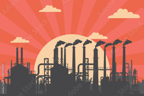 A factory silhouette silhouette against a red sunrise background with smoke stacks and radial sunbeams, representing heavy industrial manufacturing power.