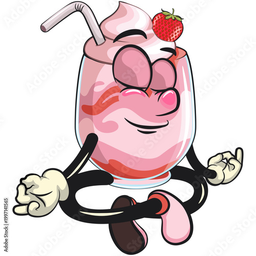 cute strawberry smoothie mascot character meditating, funny milkshake drink cartoon vector illustration with straw isolated, work of hand drawn