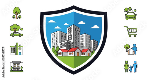 Shield Protecting Cityscape With Buildings.