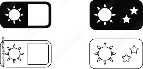 Day and night mode icon. Day and night switch. Silhouette and outline symbol