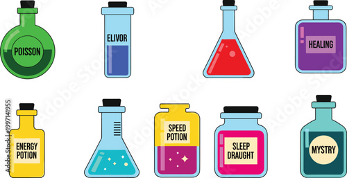 Fantasy Potion Vector Set Featuring Healing Elixirs, Energy Potions, and Mystical Brews for Magical Drink and Alchemy Illustrations
