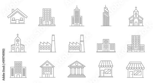 Various architectural building structures icons.
