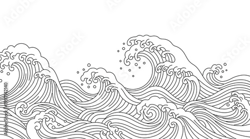 Line art ocean waves with white background