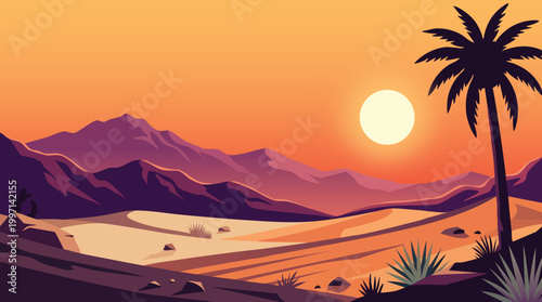 Foto Desert landscape with palm trees and mountains at sunset