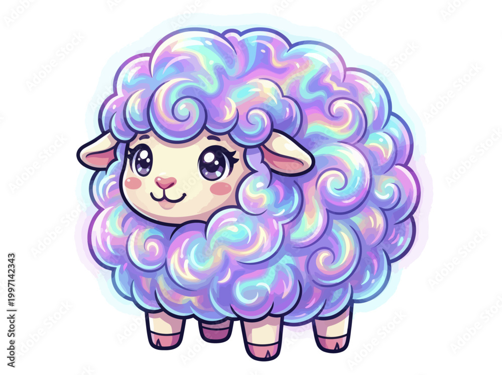Fototapeta premium Cute kawaii style sheep with holographic curly wool.