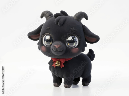 Cute little black goat figurine with big shiny eyes and a red ribbon bell collar.