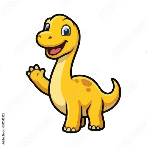 Cute Cartoon Yellow Brontosaurus Dinosaur Waving Hello