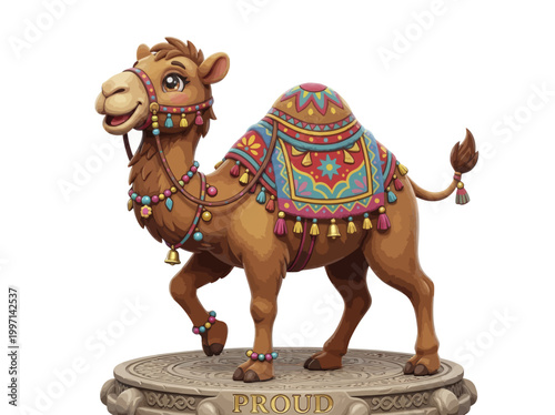 Decorative camel figurine with colorful traditional saddle and ornate harness.