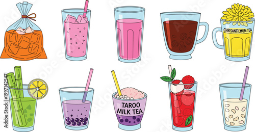 Fruit and Milk Tea Vector Set Featuring Taro, Iced Drinks, and Refreshing Beverages with Tapioca Pearls and Fruit Garnishes