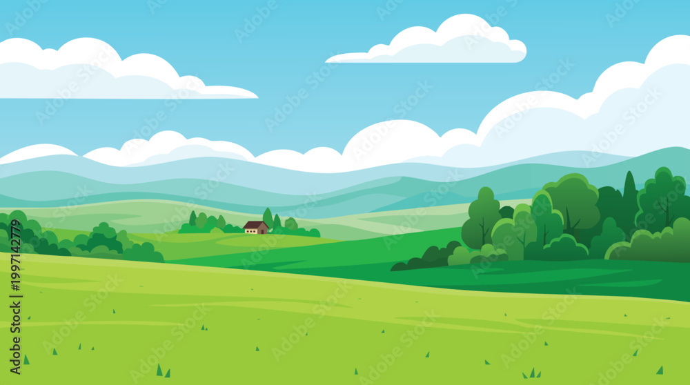 Fototapeta premium Cartoon landscape with green fields and blue sky