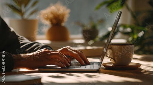 Focused Hands at Work: A close-up shot of a person's hands diligently typing on a laptop keyboard, bathed in the soft, natural light of a sunlit room. capturing the focus and dedication of work.