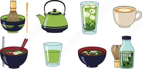 Green Tea and Asian Drink Vector Set Featuring Matcha, Cold Brew Tea, Green Tea Bowls, and Traditional Teaware for Healthy Beverage Illustrations