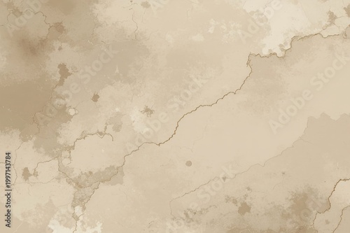 Old beige plaster wall with visible cracks, stains and worn texture. Weathered surface with natural imperfections creates an abstract vintage grunge background in soft neutral tones.