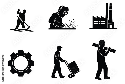 Industrial workers and factory pictograms a black silhouette collection representing labor and manufacturing processes