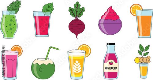 Healthy and Refreshing Drink Vector Set Featuring Smoothies, Kombucha, Cold Juices, and Coconut Water for Wellness Drink Illustrations