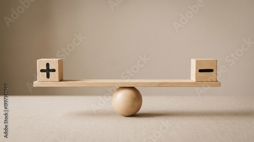 Balanced Perspective: A wooden balance scale with positive and negative symbols illustrates the art of equilibrium. Evoking a sense of fairness, assessment, and the quest for resolution.