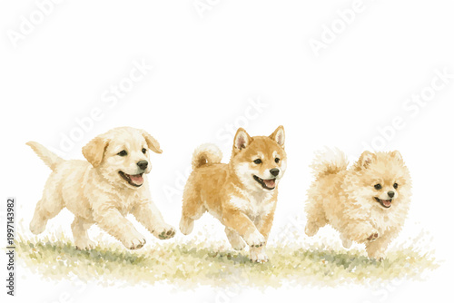 Playful Puppy Watercolor Collection with Copy Space – Cute Minimalist Pet Illustration for Greeting Cards and Banners
