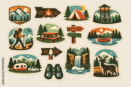 Vintage National Park Sticker Set Featuring Outdoor Adventure Icons for Camping Hiking Wilderness Exploration Nature Badges with Mountains Forest Campfire Tent and Hiker Illustrations
