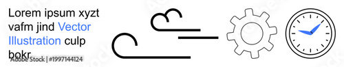 Time management, process efficiency, engineering, mechanical systems, movement, innovation. Minimalist icons of wind, gear and clock. Time management and process efficiency concepts