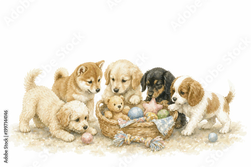 Playful Puppy Watercolor Collection with Copy Space – Cute Minimalist Pet Illustration for Greeting Cards and Banners