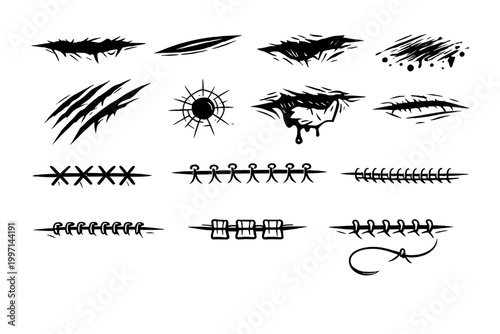 Stylized monochrome vector illustration set featuring various skin lacerations, deep wounds, animal claw marks, bullet holes, and surgical stitches or sutures for medical, horror, or trauma art.