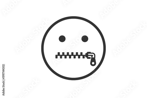 Zipped Lips Icon Representing Silence and Secrecy, Simple Flat Vector Illustration of a Sealed Mouth Emoji for Privacy, Confidentiality, Mute Communication, and Censorship Concepts on White Background