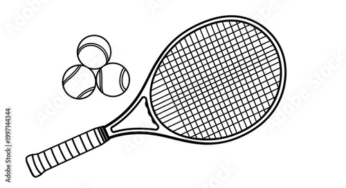 Tennis Racket and Balls Line Art Illustration.