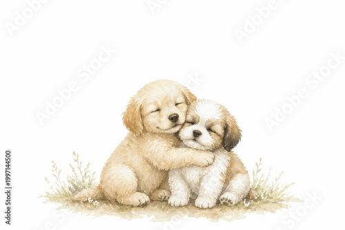 Playful Puppy Watercolor Collection with Copy Space – Cute Minimalist Pet Illustration for Greeting Cards and Banners