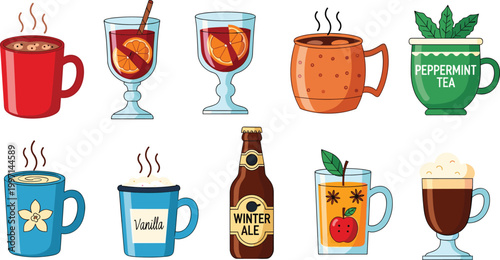 Hot Beverage Vector Set Featuring Peppermint Tea, Winter Ale, Coffee, and Herbal Drinks for Cozy and Relaxing Drink Illustrations