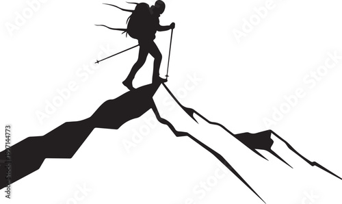Hiker silhouette, mountain climber icon, adventure travel symbol, black vector graphic