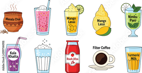 Indian Beverage Vector Set Featuring Masala Chai, Mango Lassi, Nimbu Pani, and Traditional Drinks for Authentic Drink Illustrations