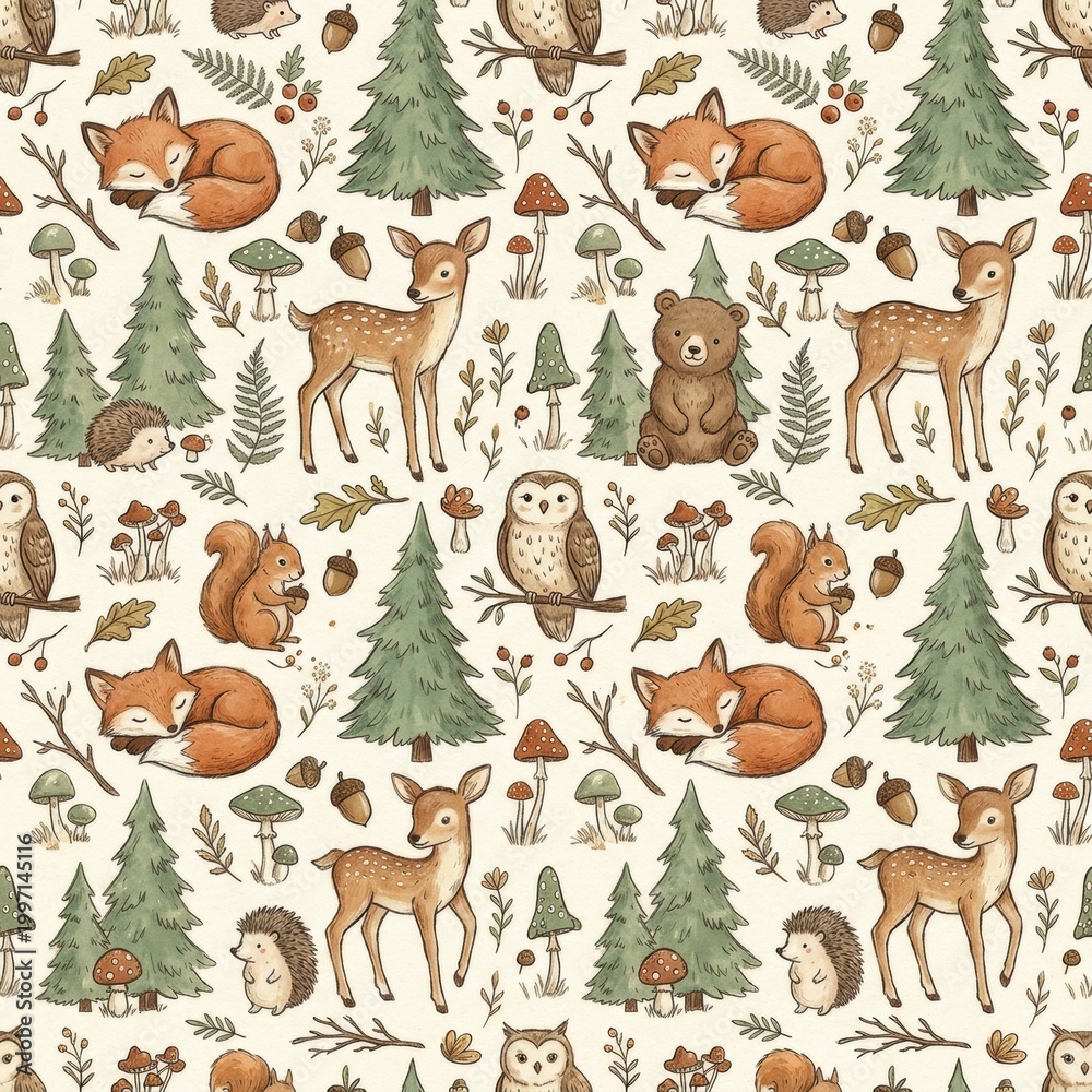 Naklejka premium Woodland Baby Pattern Featuring Animals and Plants in a Playful Arrangement Created With High Fidelity and Attention to Detail