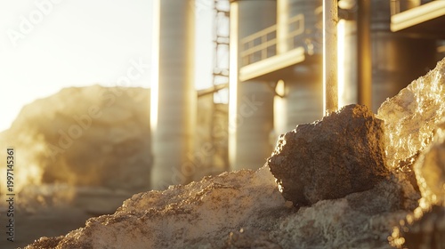 Industrial site processing raw materials with large structural elements visible against a warm sunset, creating an atmospheric scene of modern extractive industry