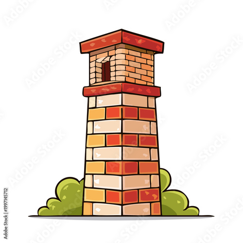 Cartoon Brick Watchtower Structure with Green Bushes and Red Roof