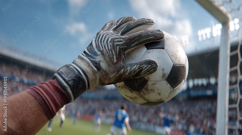 Obraz premium Goalkeeper's gloved hand holding a soccer ball during a game, foreground focus on the save goal
