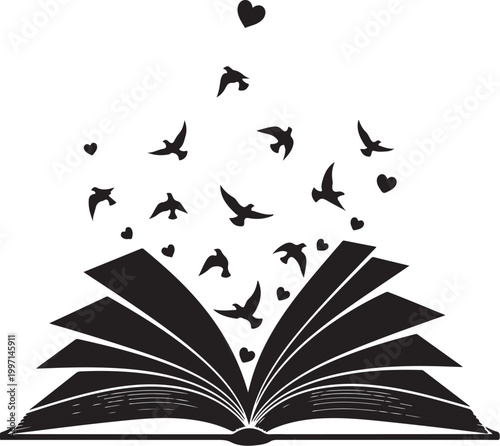 Open Book, Birds Flying Out, Hearts Rising, Black Silhouette Illustration, Vector Icon