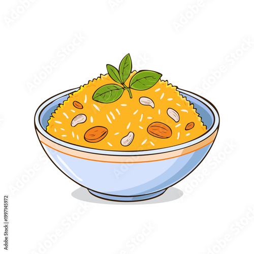 Golden rice dish with nuts and basil garnish in a blue bowl illustration