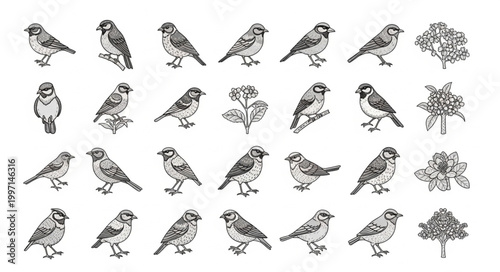 Collection of Hand Drawn Sparrows and Birds in Various Poses.