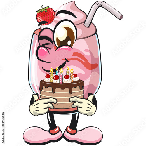 cute strawberry smoothie mascot character bring a birthday cake, funny milkshake drink cartoon vector illustration with straw isolated, work of hand drawn