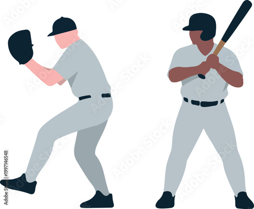Flat vector illustration of baseball players featuring pitcher in motion and batter in stance wearing grey uniforms against white backdrop.