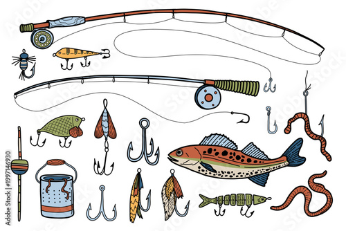 Doodle vintage fishing tackle clipart set. Hand drawn fishing equipment collection. Trout, rod, hook, lure, bait icon vector illustrations