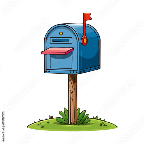 Blue mailbox with red flag on a wooden post with green grass and white background