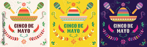 Cinco de Mayo vibrant vector poster set with sombreros, maracas, and decorative ornaments. Festive Mexican designs for cards, banners, social media, event promotion, and printed materials.
