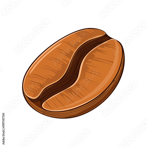 Detailed illustration of a single roasted coffee bean with a rich brown color and prominent central groove