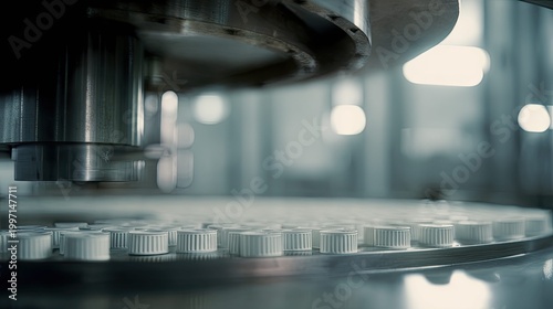 White bottle caps moving on packaging line