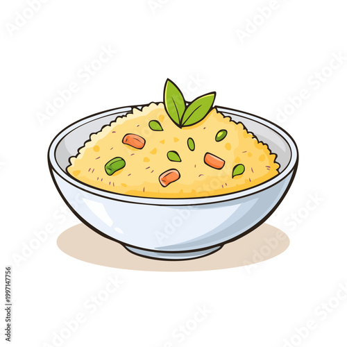 Cartoon bowl of flavorful rice with vegetables and fresh green herbs garnish