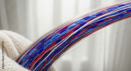 Intricate woven textile art piece featuring vibrant blue and red elements creates a striking visual of detailed craftsmanship